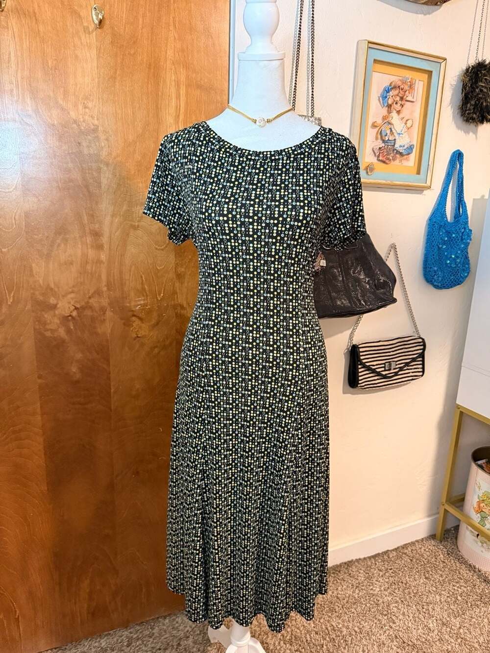 Vintage 90s Kupcake Geometric Optical Dot Midi Dress - Tie Back - Large